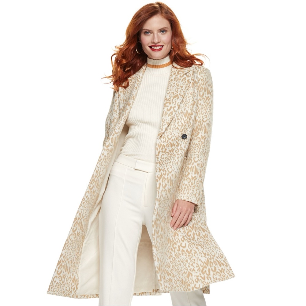 Nine West Womens Ivory Cream Beige Leopard Print Peacoat Size XXL